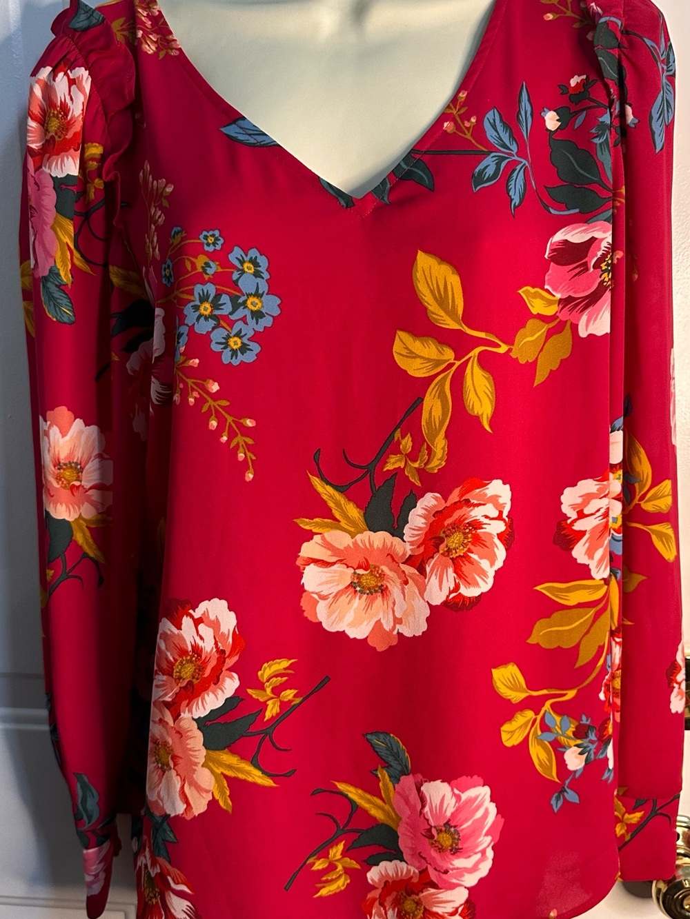 Vibrant Floral V-Neck Blouse in red